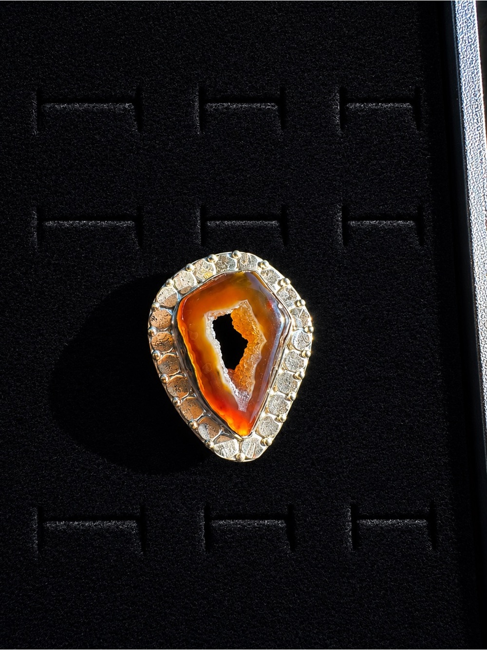 Sterling Silver-Edged Orange Amber Honey Agate Geode Brooch